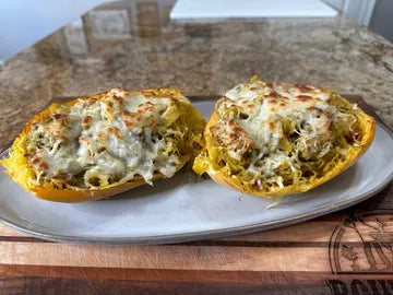 Spaghetti Squash with Chicken and Pesto - Boudreaux's Backyard