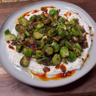 Crispy Brussels Sprouts with Goat Cheese and Pepper Jelly