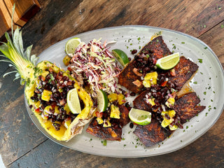 Tropical Fusion Delight: Grilled Pineapple and Black Bean Salsa with Blackened Salmon