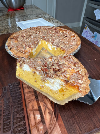 Pumpkin Cheesecake Swirl Pie with Pecan Streusel