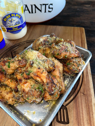 Garlic Parm Wings with Blue Plate