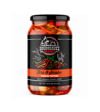 Jar of Boudreaux's Backyard Fire & Smoke Pickled Peppers on a white background