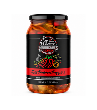 Jar of Boudreaux's Backyard Hot Pickled Peppers on a white background