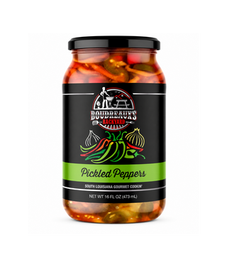 Jar of Boudreaux's Backyard Pickled Peppers on a white background