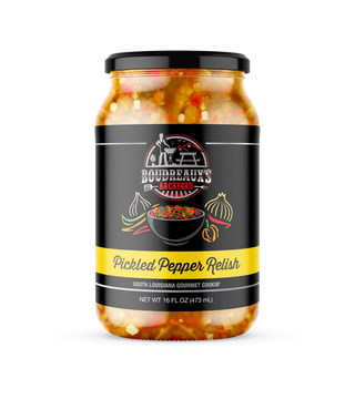 Jar of Boudreaux's Pickled Pepper Relish on a white background